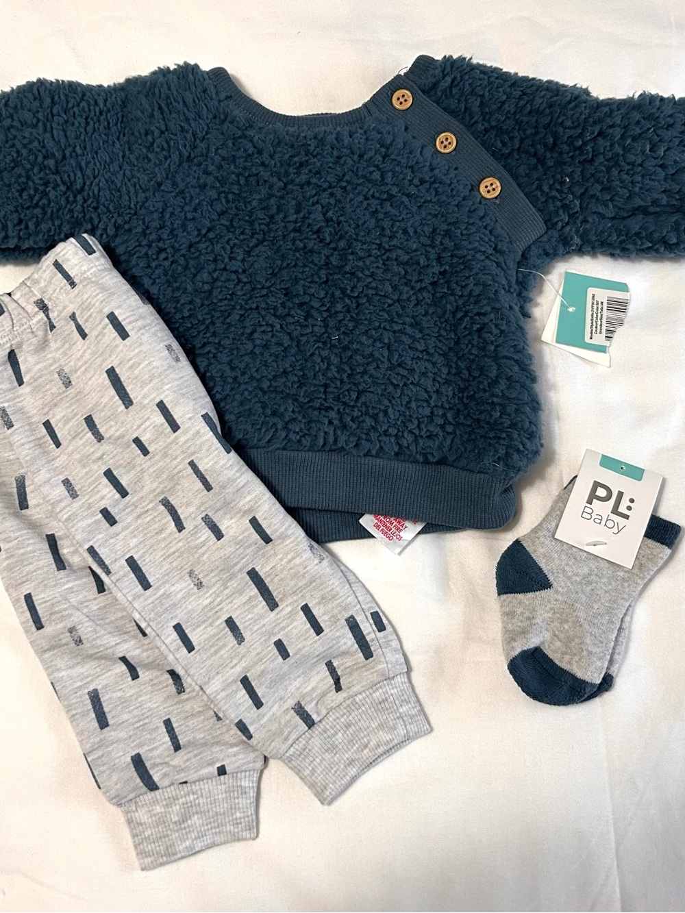 3 month Teal Sherpa Baby Sweater Gray Joggers Sweatpants and Socks Set NWT